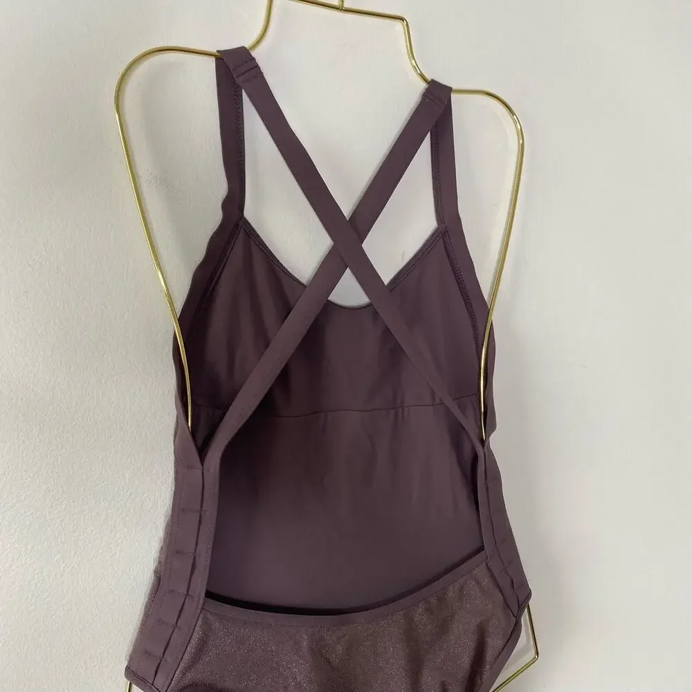 L*SPACE Purple Shimmer Criss Cross Low Back One Piece Swimsuit